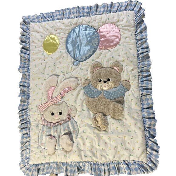 Red Calliope Vintage Baby Blanket Bunny Bear Satin Balloons 1990